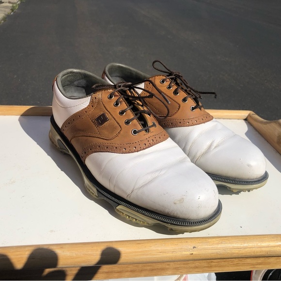 Footjoy Dryjoys Tour 53699 Men’s White Brown Saddle Leather Golf Shoes Size 9.5W - Picture 5 of 14